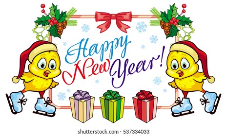 Holiday label with cute chicken and greeting text Happy New Year. Copy space. Vector clip art.