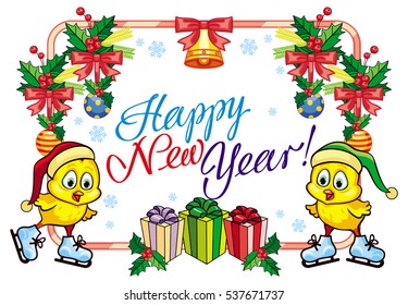 Holiday label with cute chicken and greeting text Happy New Year. Copy space. Vector clip art.