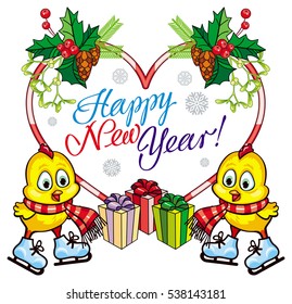 Holiday label with cute chicken and greeting text Happy New Year. Copy space. Vector clip art.