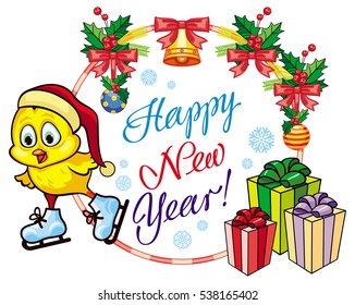 Holiday label with cute chicken and greeting text:"Happy New Year!". Copy space. Vector clip art.