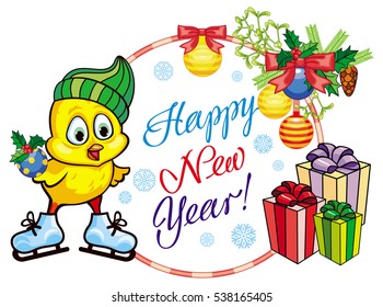 Holiday label with cute chicken and greeting text:"Happy New Year!". Copy space. Vector clip art.