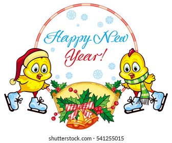 Holiday label with cute chicken and greeting text:"Happy New Year!". Copy space. Vector clip art.