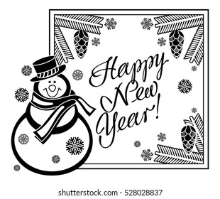 Holiday label with funny snowman and written greeting "Happy New Year!". Vector clip art.