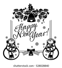 Holiday label with funny snowman and written greeting "Happy New Year!". Vector clip art.