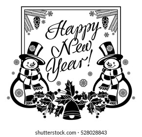 Holiday label with funny snowman and written greeting "Happy New Year!". Vector clip art.