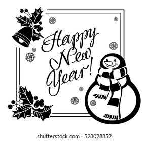 Holiday label with funny snowman and written greeting "Happy New Year!". Vector clip art.