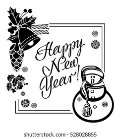 Holiday label with funny snowman and written greeting "Happy New Year!". Vector clip art.