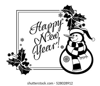 Holiday label with funny snowman and written greeting "Happy New Year!". Vector clip art.