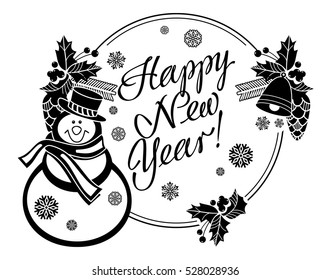 Holiday label with funny snowman and written greeting "Happy New Year!". Vector clip art.