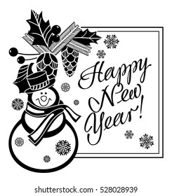 Holiday label with funny snowman and written greeting "Happy New Year!". Vector clip art.