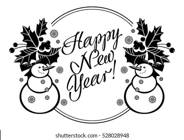 Holiday label with funny snowman and written greeting "Happy New Year!". Vector clip art.