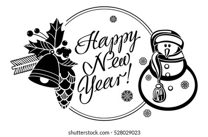 Holiday label with funny snowman and written greeting "Happy New Year!". Vector clip art.