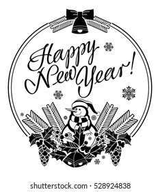 Holiday label with funny snowman and written greeting "Happy New Year!". Vector clip art.