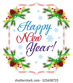Holiday label with greeting text "Happy New Year!". Design element for advertisements, web, greeting cards and other graphic designer works. Vector clip art.