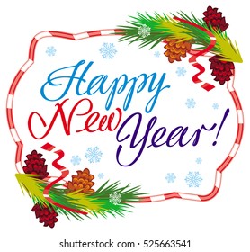 Holiday label with greeting text "Happy New Year!". Design element for advertisements, web, greeting cards and other graphic designer works. Vector clip art.