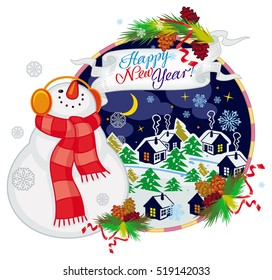 Holiday label with happy snowman in funny hat and scarf.  Winter village landscape. Christmas decoration. Vector clip art.