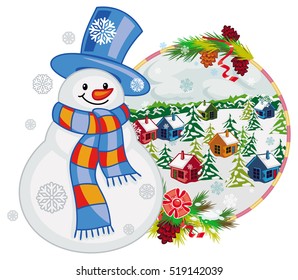 Holiday label with happy snowman in funny hat and scarf.  Winter village landscape. Christmas decoration. Vector clip art.