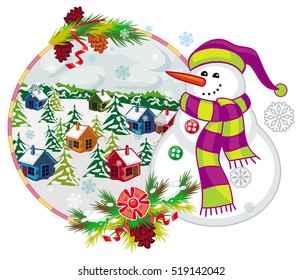Holiday label with happy snowman in funny hat and scarf.  Winter village landscape. Christmas decoration. Vector clip art.