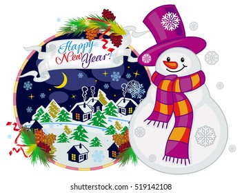 Holiday label with happy snowman in funny hat and scarf.  Winter village landscape. Christmas decoration. Vector clip art.