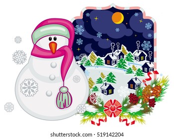 Holiday label with happy snowman in funny hat and scarf.  Winter village landscape. Christmas decoration. Vector clip art.
