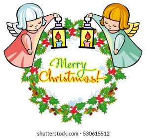 Holiday label with ornaments, angels and artistic written text "Merry Christmas!". Christmas frame with free space for text, photo or picture. Design element for New Year decorations. Vector clip art.