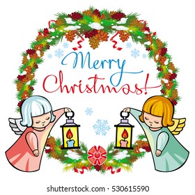 Holiday label with ornaments, angels and artistic written text "Merry Christmas!". Christmas frame with free space for text, photo or picture. Design element for New Year decorations. Vector clip art.