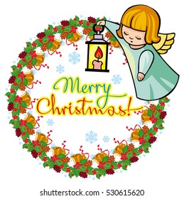 Holiday label with ornaments, angels and artistic written text "Merry Christmas!". Christmas frame with free space for text, photo or picture. Design element for New Year decorations. Vector clip art.