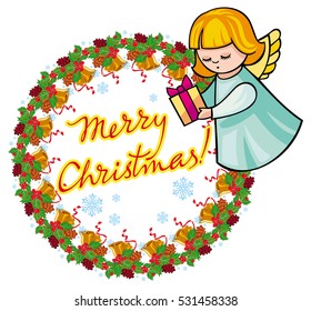 Holiday label with ornaments, angels and artistic written text "Merry Christmas!". Christmas frame with free space for text, photo or picture. Design element for New Year decorations. Vector clip art.