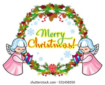 Holiday label with ornaments, angels and artistic written text "Merry Christmas!". Christmas frame with free space for text, photo or picture. Design element for New Year decorations. Vector clip art.