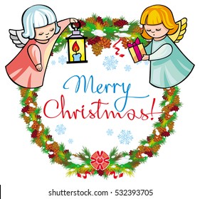 Holiday label with ornaments, angels and artistic written text "Merry Christmas!". Christmas frame with free space for text, photo or picture. Design element for New Year decorations. Vector cli
