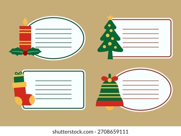 Holiday label pack featuring candles, stockings, trees and festive text spaces. Suitable for gift tags, cards, planners, packaging and seasonal projects.