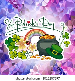Holiday label with shamrock, rainbow and leprechaun pot of gold on a mosaic background. St. Patrick Day celebration.  Vector clip art.