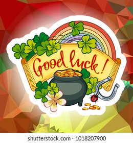 Holiday label with shamrock, rainbow and leprechaun pot of gold on a mosaic background. St. Patrick Day celebration.  Vector clip art.