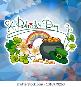 Holiday label with shamrock, rainbow and leprechaun pot of gold on a mosaic background. St. Patrick Day celebration. Vector clip art.