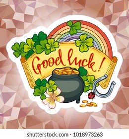 Holiday label with shamrock, rainbow and leprechaun pot of gold on a mosaic background. St. Patrick Day celebration. Vector clip art.
