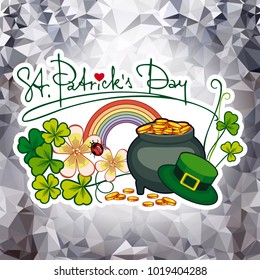 Holiday label with shamrock, rainbow and leprechaun pot of gold on a mosaic background. St. Patrick Day celebration. Vector clip art.