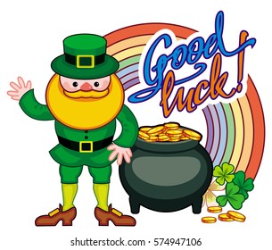 Holiday label with shamrock, rainbow, leprechaun and a pot of gold. St. Patrick Day background. Copy space. Vector clip art.