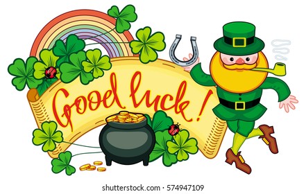 Holiday label with shamrock, rainbow, leprechaun and a pot of gold. St. Patrick Day background. Copy space. Vector clip art.