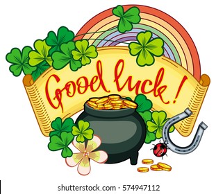 Holiday label with shamrock, rainbow and leprechaun pot of gold. St. Patrick Day background. Copy space. Vector clip art.