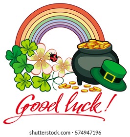 Holiday label with shamrock, rainbow and leprechaun pot of gold. St. Patrick Day background. Copy space. Vector clip art.