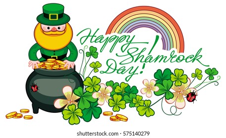Holiday label with shamrock, rainbow, leprechaun and a pot of gold. St. Patrick Day background. Copy space. Vector clip art.