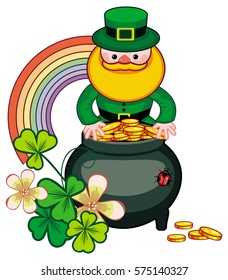 Holiday label with shamrock, rainbow, leprechaun and a pot of gold. St. Patrick Day background. Copy space. Vector clip art.