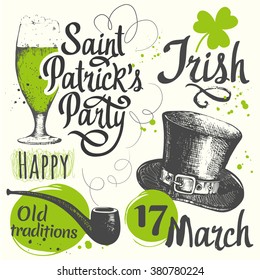 Holiday labels in sketch style for St. Patrick's Day. Vector illustration with glass of beer, bottle, cylinder, pipe, leaf of clover and congratulations. Drink menu for celebration. 