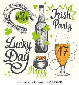 Holiday labels in sketch style for St. Patrick's Day. Vector illustration with glass of beer, bottle, cylinder, pipe, leaf of clover and congratulations. Drink menu for celebration. 