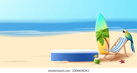 Urlaubslandschaft mit 3D-Sommerzusammensetzung mit Produktplatzierung auf dem Strand mit Strandstuhl und Surfbrett mit Kokoscocktail und Seesterne