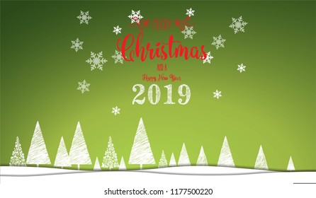 Holiday landscape, merry christmas and new year 2019 card in green background, vector