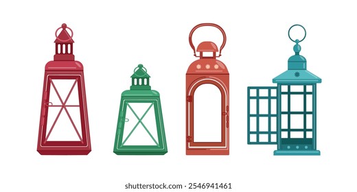 Holiday  lanterns, flat vector design set.