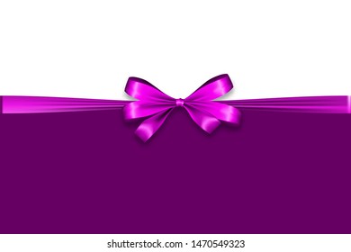 Holiday lavender bow. Color eve satin Christmas gift bow knot ribbon. Birthday realistic design isolated vector. Silk shiny lilac xmas bow textile sale tape. Satin bow set for gift. Silk lilac tape.