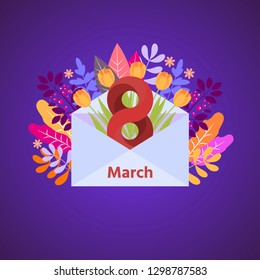 Holiday letter concept. Happy 8 March, International Women's day. Big envelope with red heart and  leaves in the background. Cute romantic background, banner design. Vector.