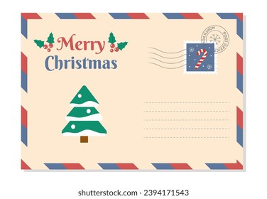 Holiday letter envelope with stamp, postmark, pine tree and Marry Christmas text. Holiday postcard. Vector illustration.